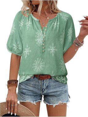 Women's Shirt Green Summer Tops V Neck Short Sleeve Blouses Casual Button Down